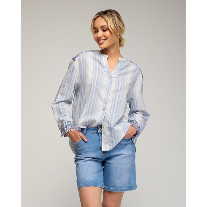 Oversized gestreepte blouse met mao halslijn