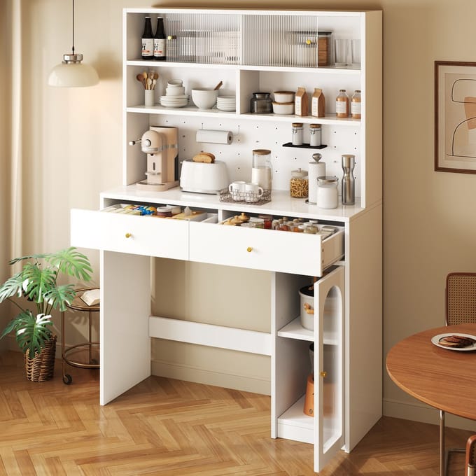 Sweiko Dressoir - Keukenkast - 2 lades - Verstelbare planken - Open opbergruimte - Wit