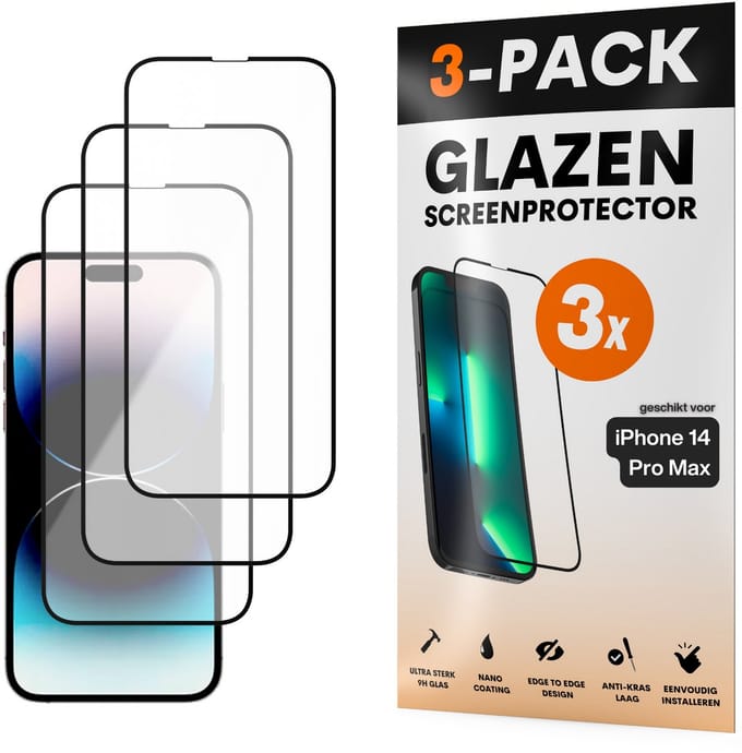 Screenprotector - Geschikt voor iPhone 14 Pro Max - Gehard Glas - Full Cover Tempered Glass - Case Friendly - 3 Pack