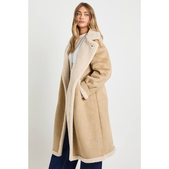 boohoo Dames Teddy Trim Maxi Aviator | Beige | Maat: 42