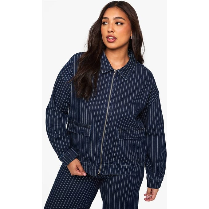 boohoo Dames Plus Stripe Denim Jas met kraag | Indigo | Maat: 50