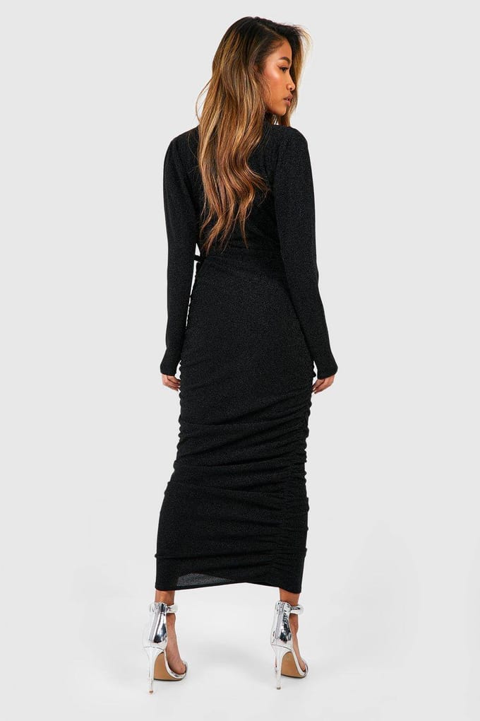 boohoo Dames Glitter Gerafelde Wikkel Midaxi Jurk | Black | Maat: 8