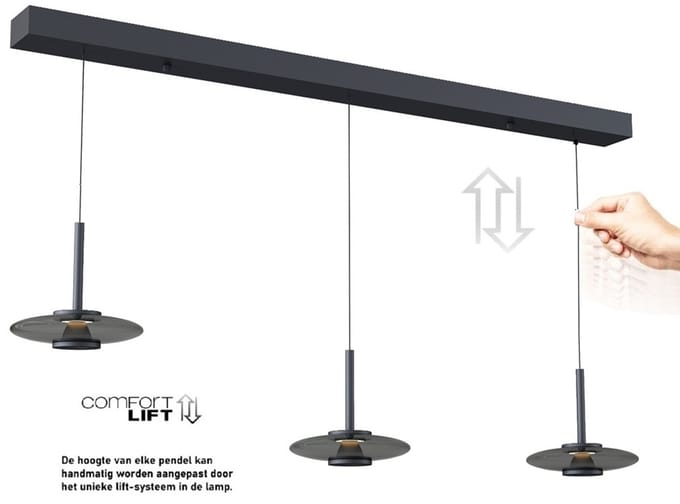 Artdelight - Hanglamp Madison 3 lichts L 130 cm comfortlift zwart