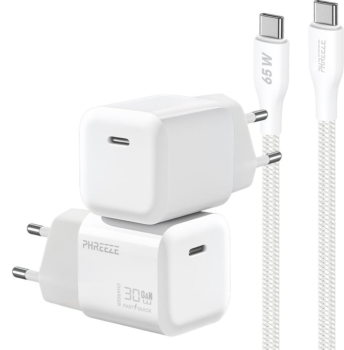 GaN usb C snellader 30w met usb C naar usb C kabel 1 meter - Gevlochten Wit