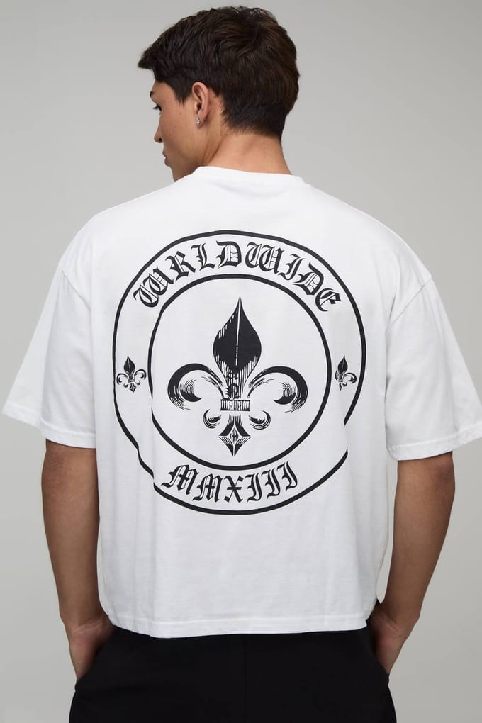 Oversized Boxy Fleur De Lis T-Shirt & Baggy Short Set | White | Size Medium