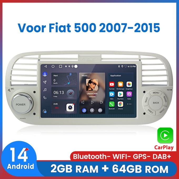 Awesafe Android 14 Autoradio - Geschikt Voor Fiat 500 2007 t/m 2015 - 2GB+64GB - Draadloos Carplay Android Auto - GPS RDS Bluetooth - Navigatie - Wit