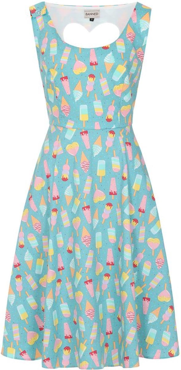 Banned - Ice Cream Heart Back Flare jurk - 2XL - Blauw