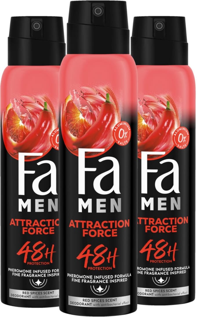Fa Men Deodorant Spray Attraction Force - 3 x 150 ml - Voordeelverpakking