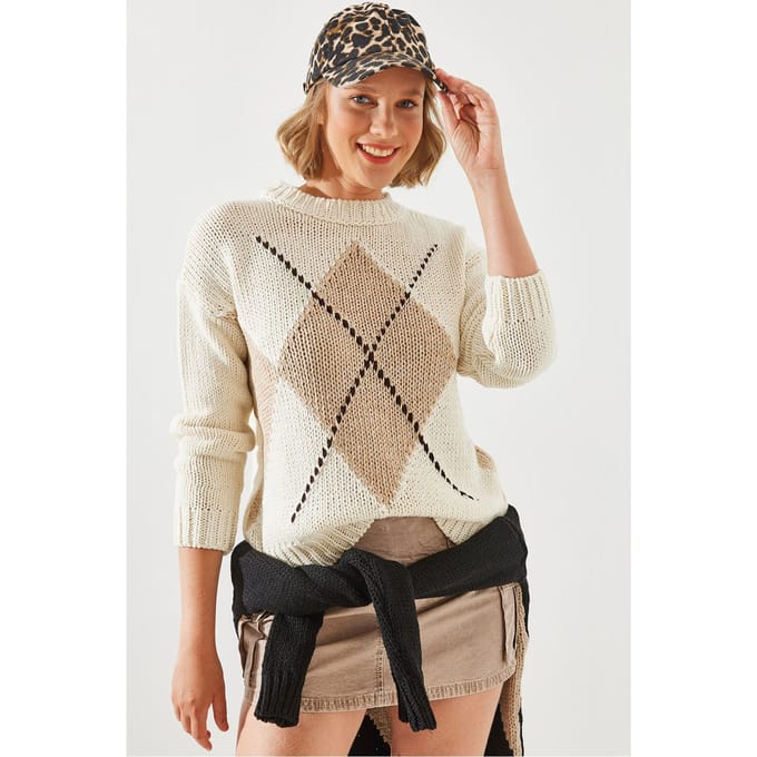 Geometrisch Patroon Gebreide Trui met Ronde Hals