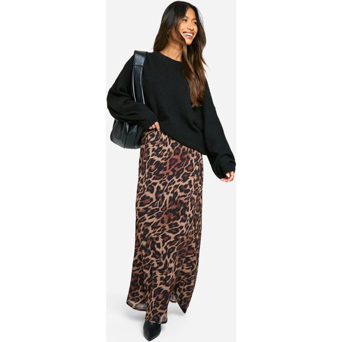 boohoo Dames Leopard Chiffon Maxi Rok | Bruin | Maat: 42