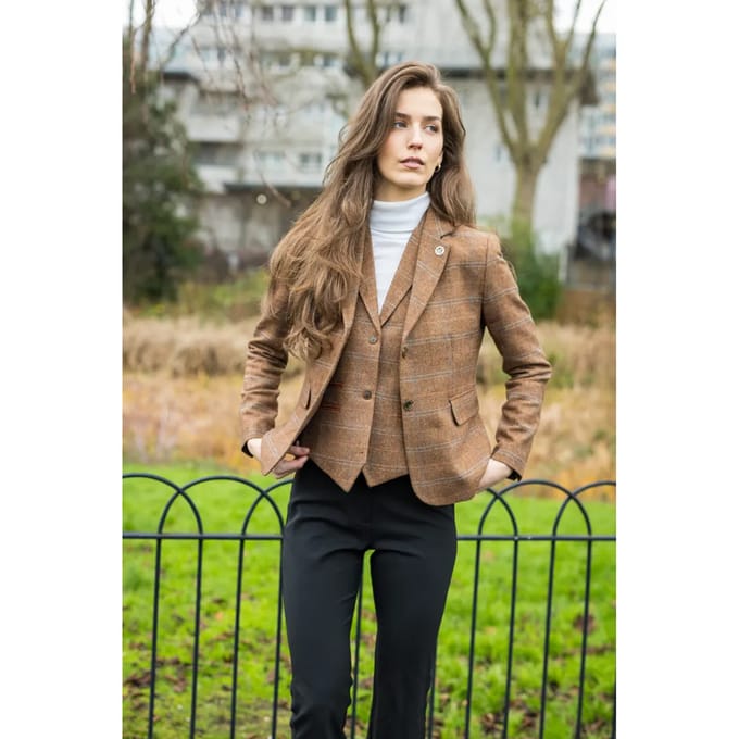 Dames Oak Brown Tailored Fit Tweed Gilet met Visgraatmotief