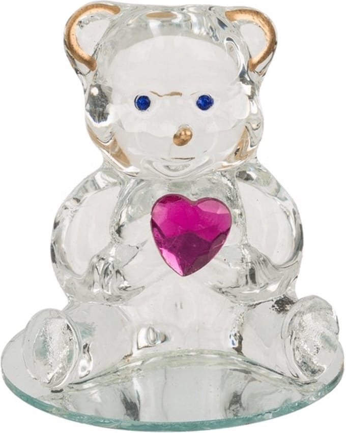 Lief decoratief Glazen beeldje - Beer met hartje Fuchsia roze