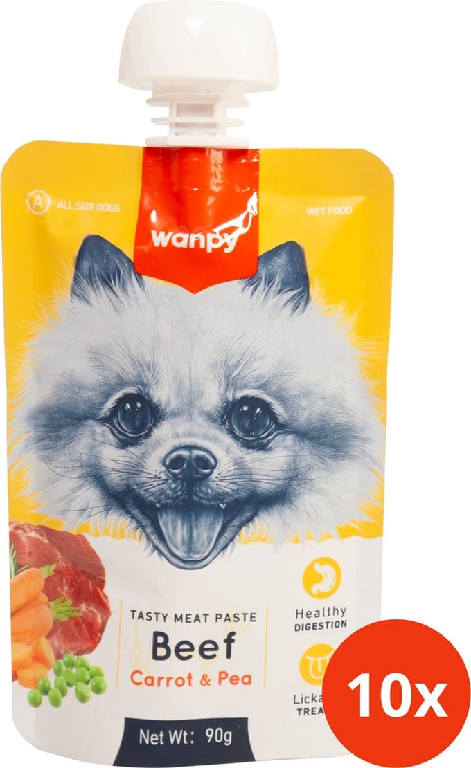 Wanpy - Smakelijke vleespasta Hond Rund Wortel & Erwt - Voordeelpack 10 Stuks - Hondensnack