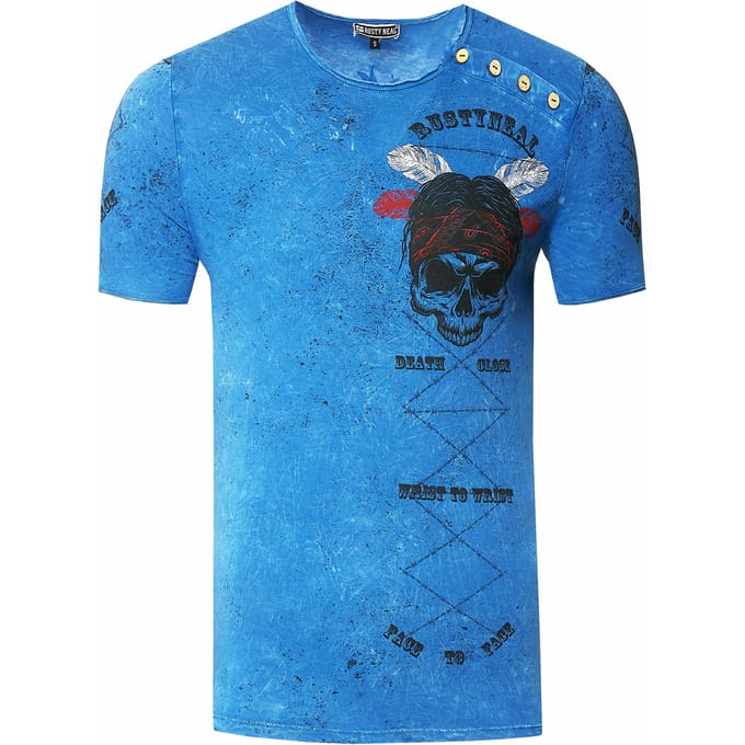 T-shirt met gewassen ronde hals, knoopsluiting en prints