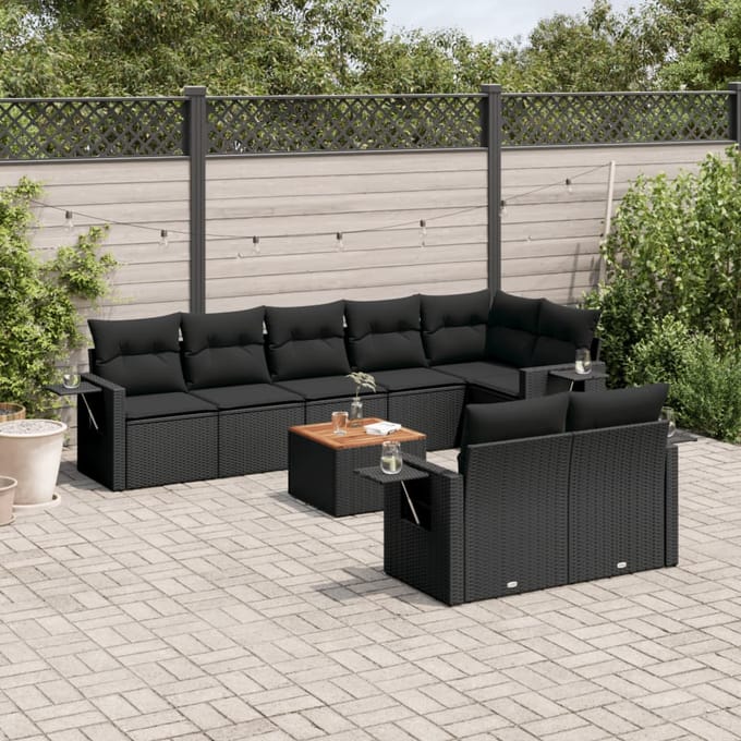 vidaXL - 9-delige - Loungeset - met - kussens - poly - rattan - zwart