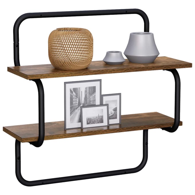 vidaXL - Wandplank - met - 2 - niveaus - Gerookt - eiken - 60 - x - 24,5 - x - 61 - cm