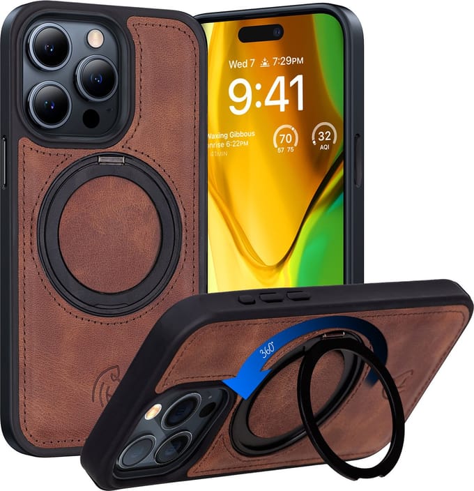 Pulledro hoesje geschikt voor iPhone 15 Pro Max leren BackCover met Kickstand & Keyring houder (Magsafe Compatibel) - Antic Coffee