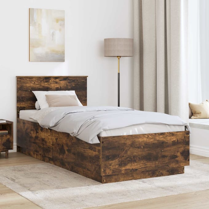 vidaXL - Bedframe - met - hoofdeinde - Gerookt - eiken - 90 - x - 200 - cm - Bewerkt - hout