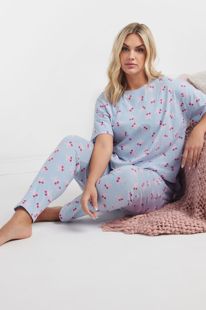 Yours Pyjamaset Met Kersenstrikjesprint In Lichtblauw Size 46-48
