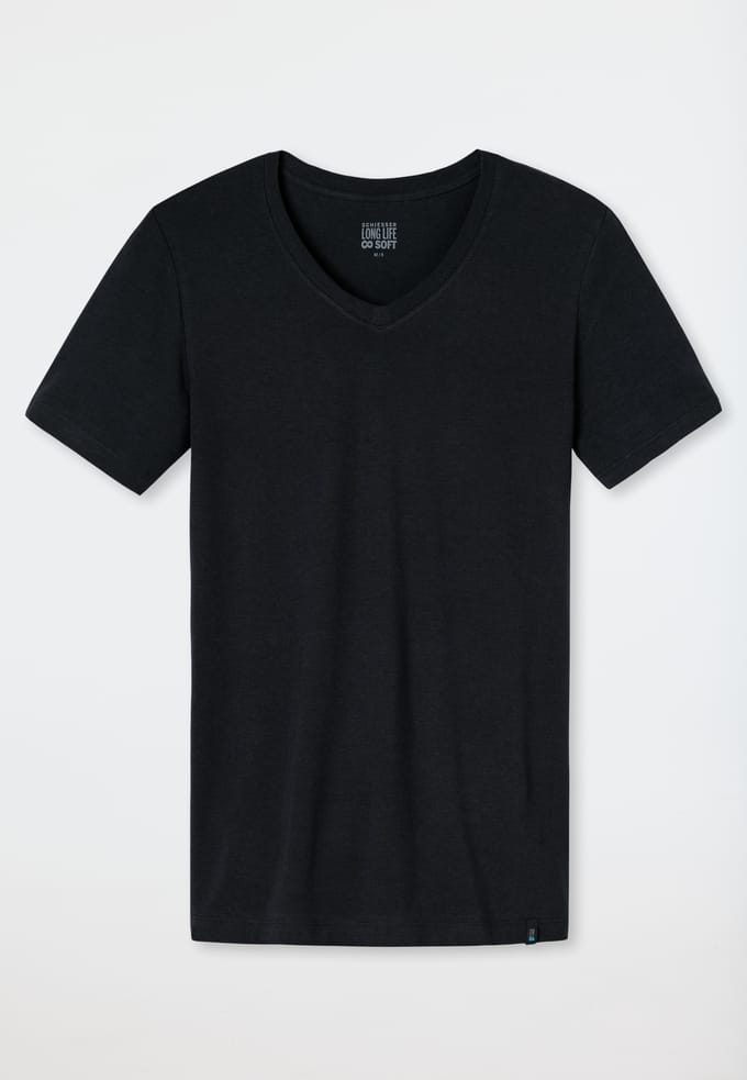 Shirt met korte mouwen, jersey, elastisch, v-hals, blauwzwart - Long Life Soft 7