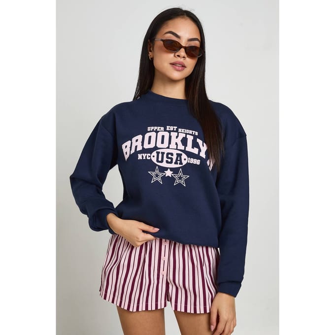 boohoo Dames Gewassen Brooklyn Bedrukt Sweatshirt | Navy | Maat: Medium