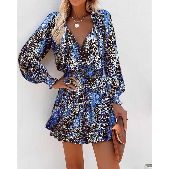 Populaire Damesmode Trend Gedrukte V-hals Taille Lange Mouwen Jurk XXL