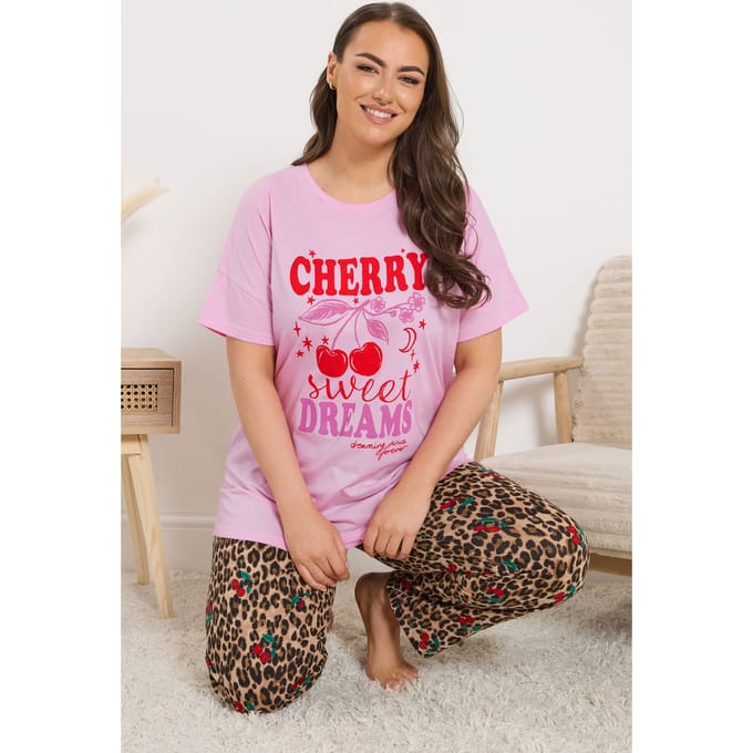 Yours Roze 'Cherry Sweet Dreams' Luipaardpyjamaset Size 42-44