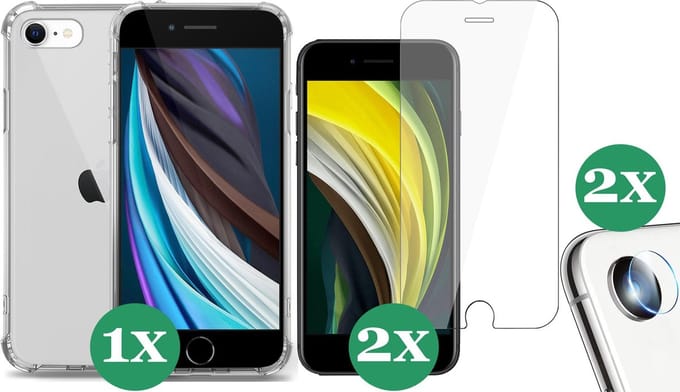 Hoesje geschikt voor iPhone SE 2022 / 2020 / 8 / 7 - Transparant Shock Case + 2x Screenprotector Glas + 2x Camera Screen Protector