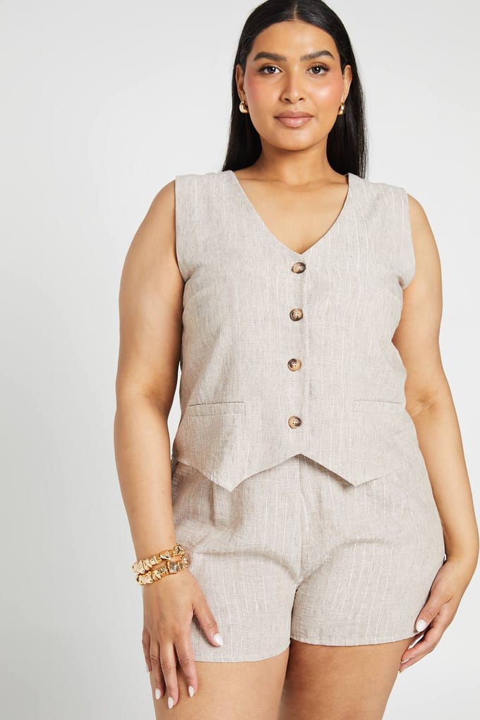 boohoo Dames Plus Gestreept Linnen Gilet En Korte Broek Co-ord Set | Steen | Maat: 48