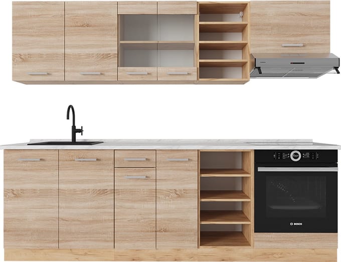 Vicco R-Line Complete keukeneenheid – 240 cm, WB Marmer Sonoma/Goudkraft eik