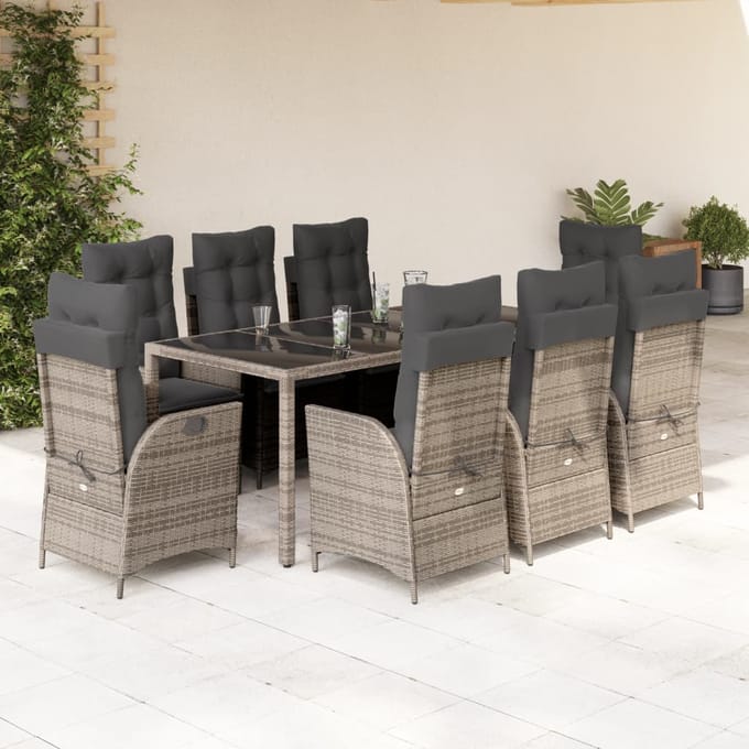 vidaXL - 9-delige - Tuinset - met - kussens - poly - rattan - grijs