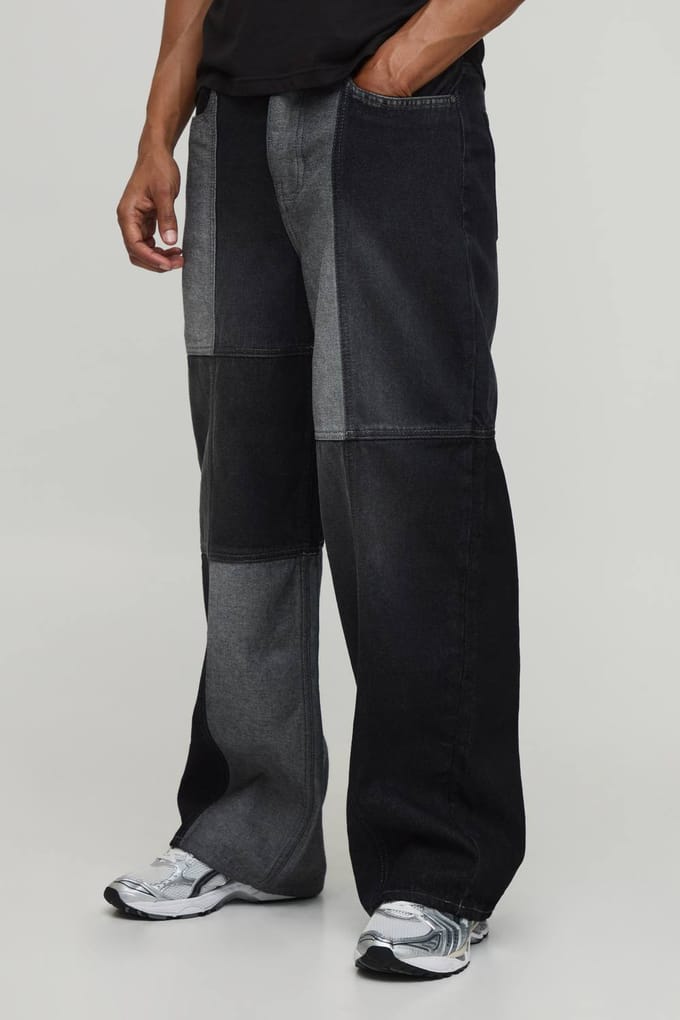 Multi Patchwork Baggy Fit Jeans | Washed Black | Size 50R