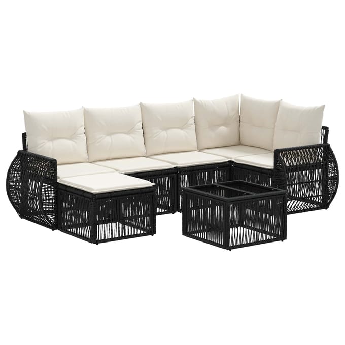 vidaXL - Tuinbank - Set - 7 - st - Zwart - en - Crème - Wit - poly - rattan