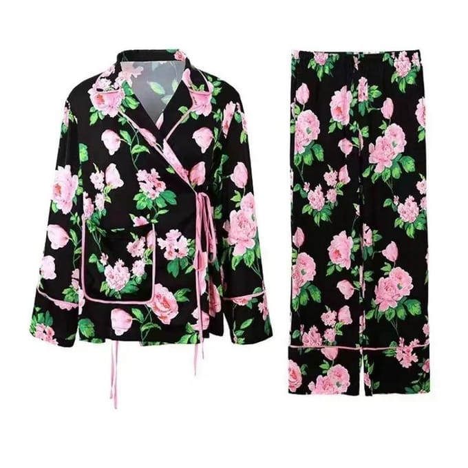 2-delige damespyjama met print Lange mouwen Elastische taillebroek Dames set Casual pyjama XL