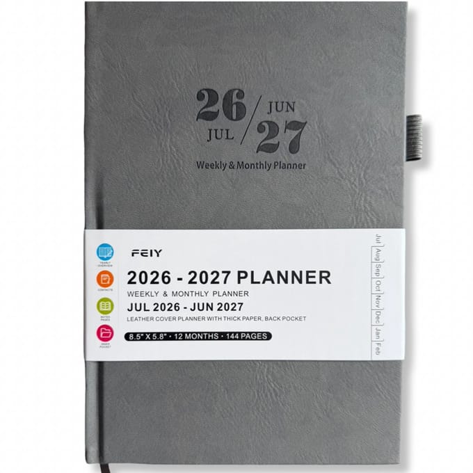 Feiy Grey Agenda - 2026-2027 - A5 formaat Schoolagenda - 1 week op 2 pagina's - Harde kaft - Met Elastiek