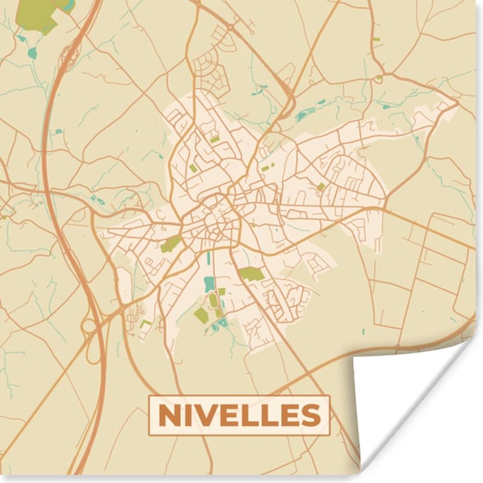 Poster Kaart - Retro - Stadskaart - Plattegrond - Nijvel - 75x75 cm