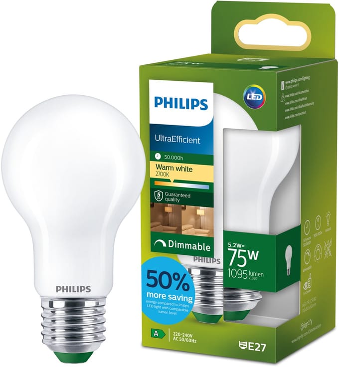 Philips UltraEfficient LED lamp - 75W - E27 fitting - Warmwit licht: 2700K - Dimbaar - Mat glas - A60 lampvorm - Lange levensduur