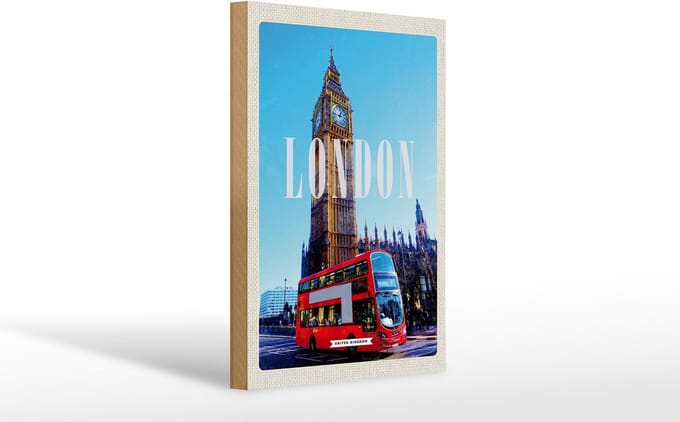 Holzschild Reise 20x30cm London red Bus roter Bus Big Ben