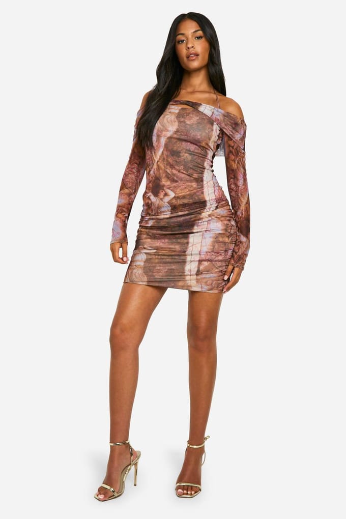 boohoo Dames Tall Renaissance Print Ruched Mini Skirt | Chocoladebruin | Maat: 38