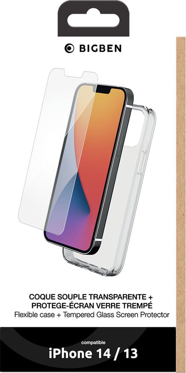 Bigben Connected, Hoesje geschikt voor Apple iPhone 14 - TPU met Tempered Glass Screenprotector, Transparant