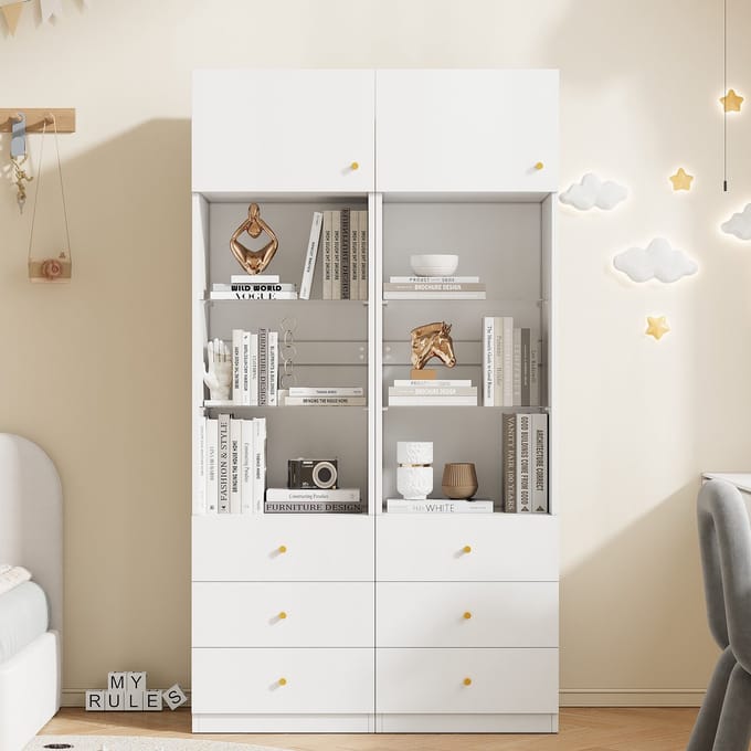 MODFU - Vitrinekast - Verstelbare Glasplanken En Laden - Modern - MDF En Glas - Wit - 50 x 40 x 180 cm