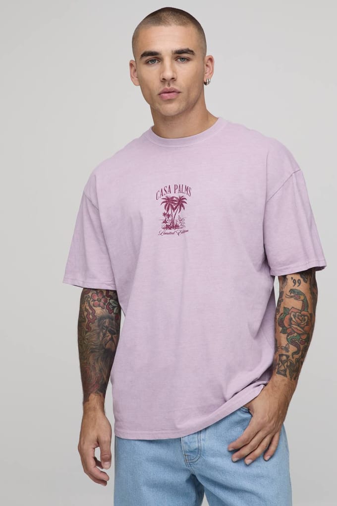 Gewassen Oversized Casa Palms Print T-shirt | Washed Pink | Size Medium