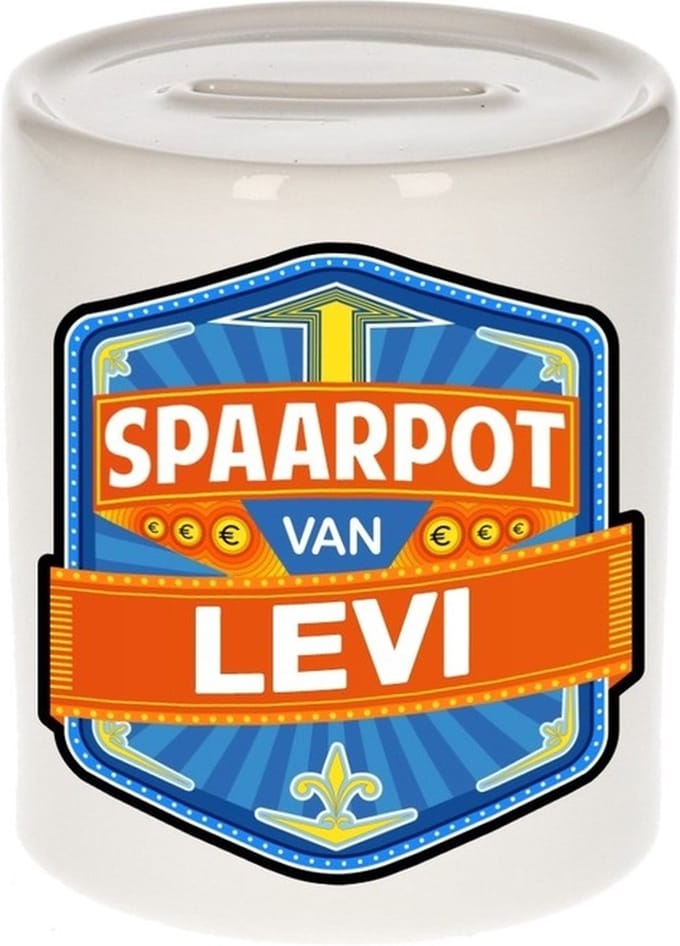 Bellatio Decorations Kinder spaarpot met naam - Levi - keramiek - met dop - wit - Sparen - Spaargeld van Levi