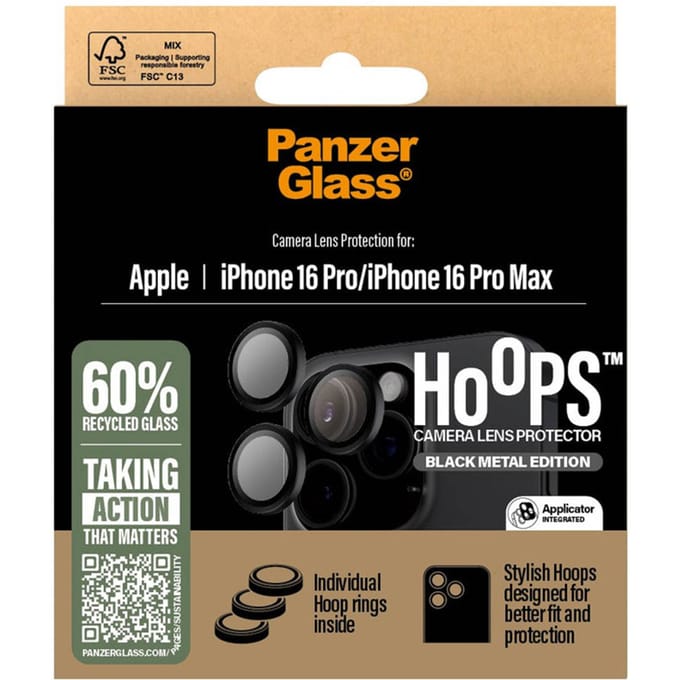 PanzerGlass Screenprotector geschikt voor Apple iPhone 16 Pro Glazen | PanzerGlass Hoops Camera Lens Protector - Case Friendly