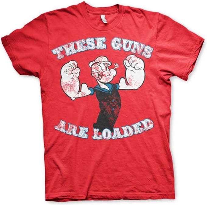 Popeye Heren Tshirt -S- These Guns Are Loaded Rood