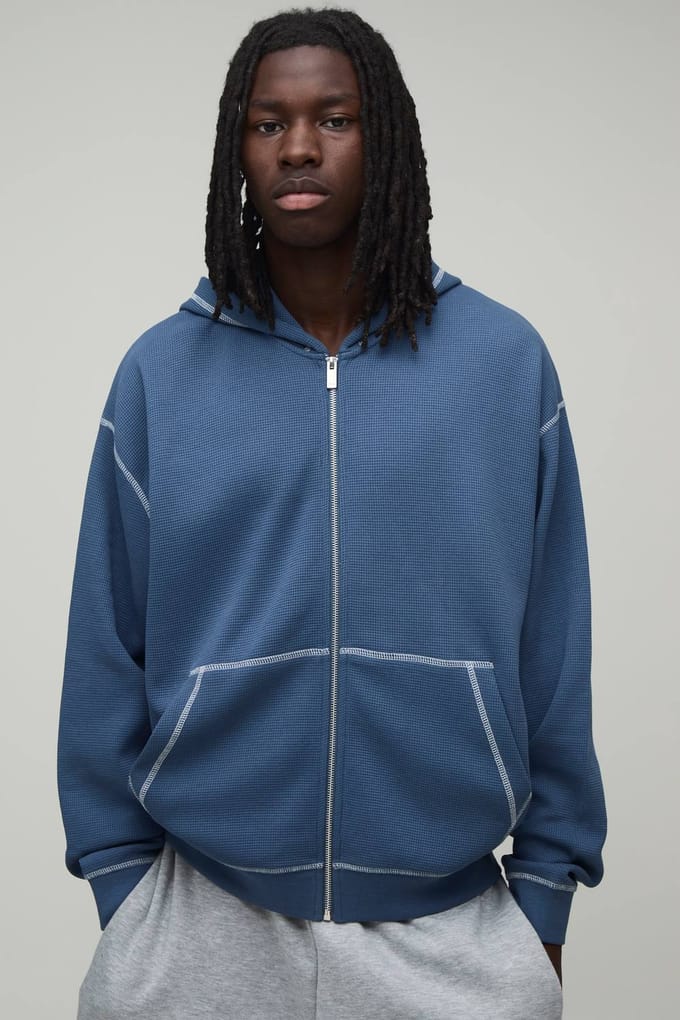 Zwaargewicht Oversized Wafel Hoodie Met Contrasterende Stiksels En Rits | Slate | Size Medium