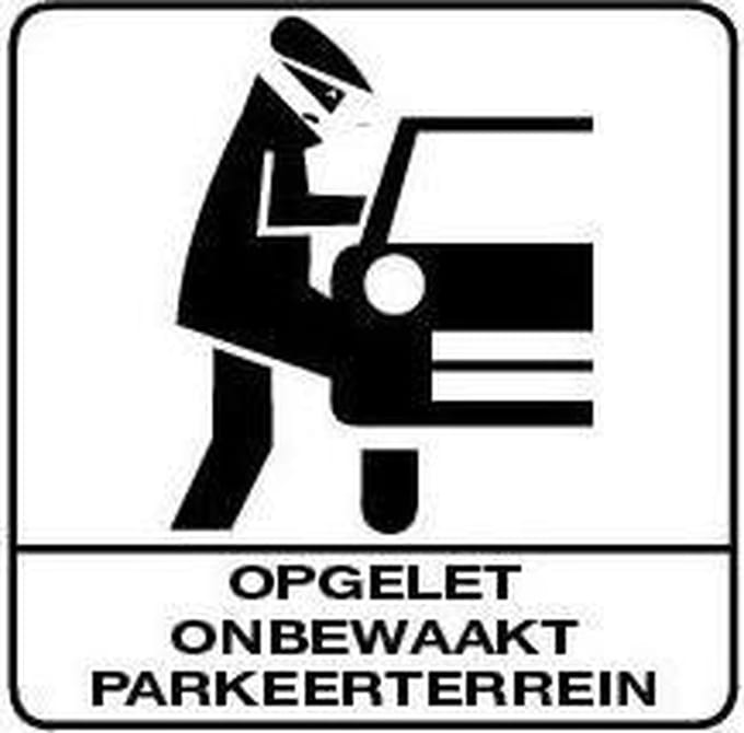 Opgelet onbewaakt parkeerterrein sticker, wit zwart 100 x 100 mm