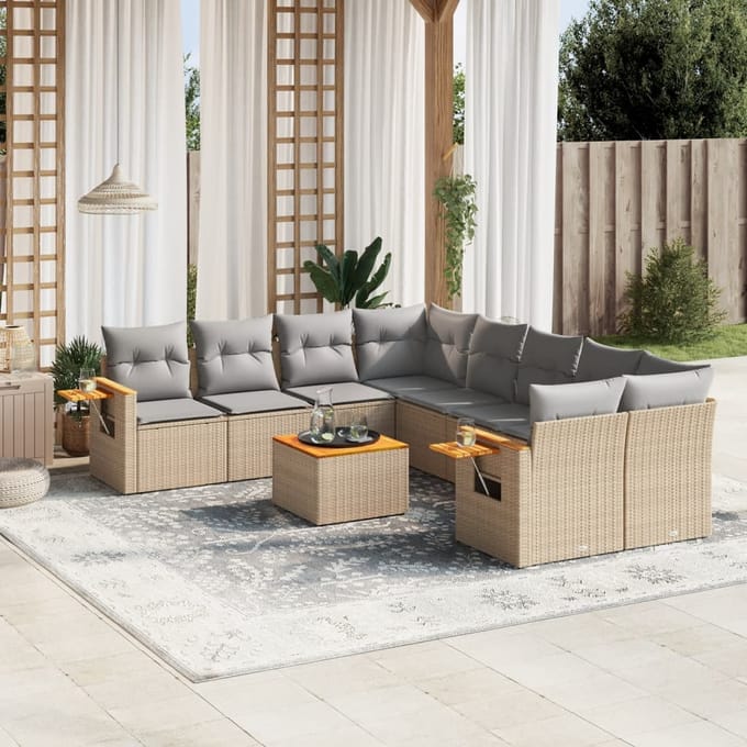vidaXL - 9-delige - Loungeset - met - kussens - poly - rattan - beige