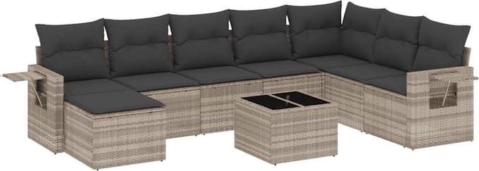 vidaXL - 9-delige - Loungeset - met - kussens - poly - rattan - lichtgrijs