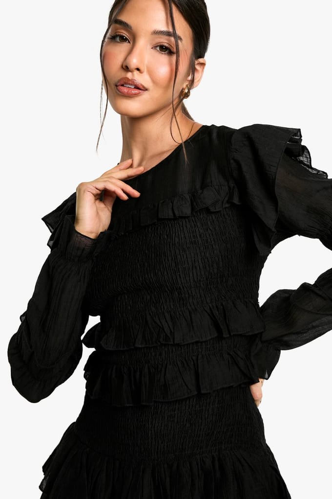boohoo Dames Sheered Long Sleeve Ruffle Mini Dress | Black | Maat: 14